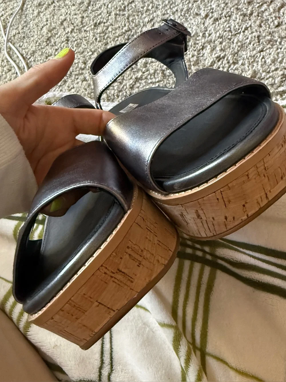 Fitflop Metallic Gray Platform Sandals with Cork-Look Wedge